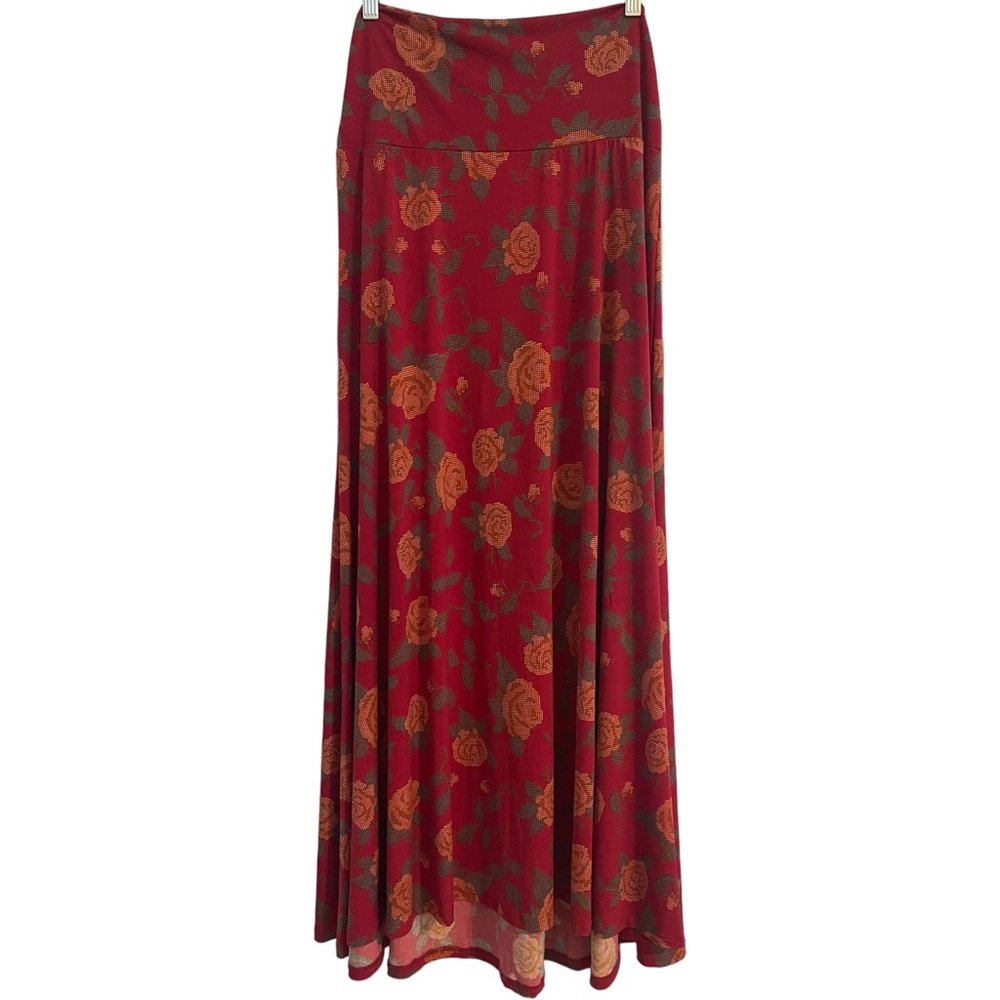LULAROE Maxi Skirt Rose Motif Deep Red/Peach Floral Print Size Large